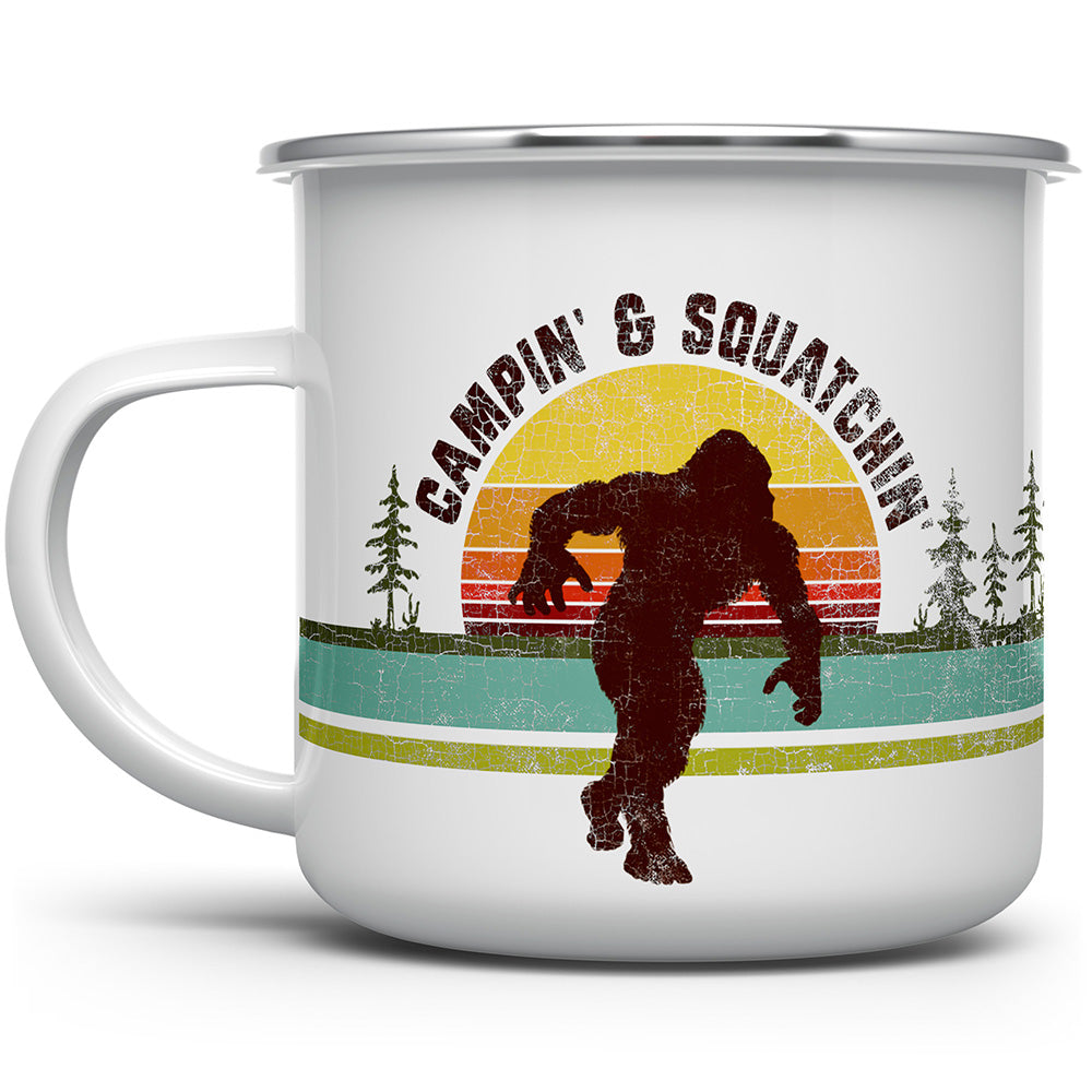Mug that says Campin and Squatchin with a picture of Big Foot in the woods