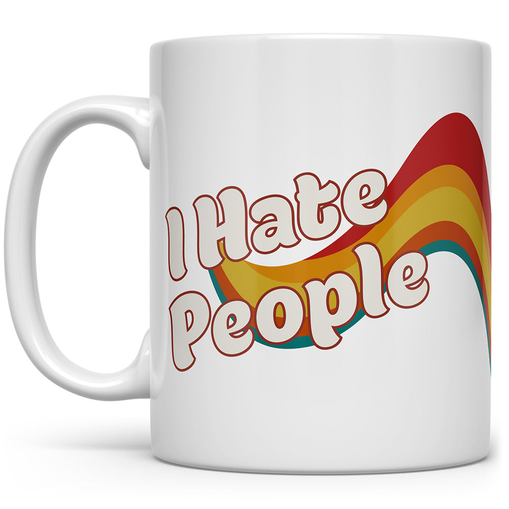 White mug that says I Hate People with colorful stripes