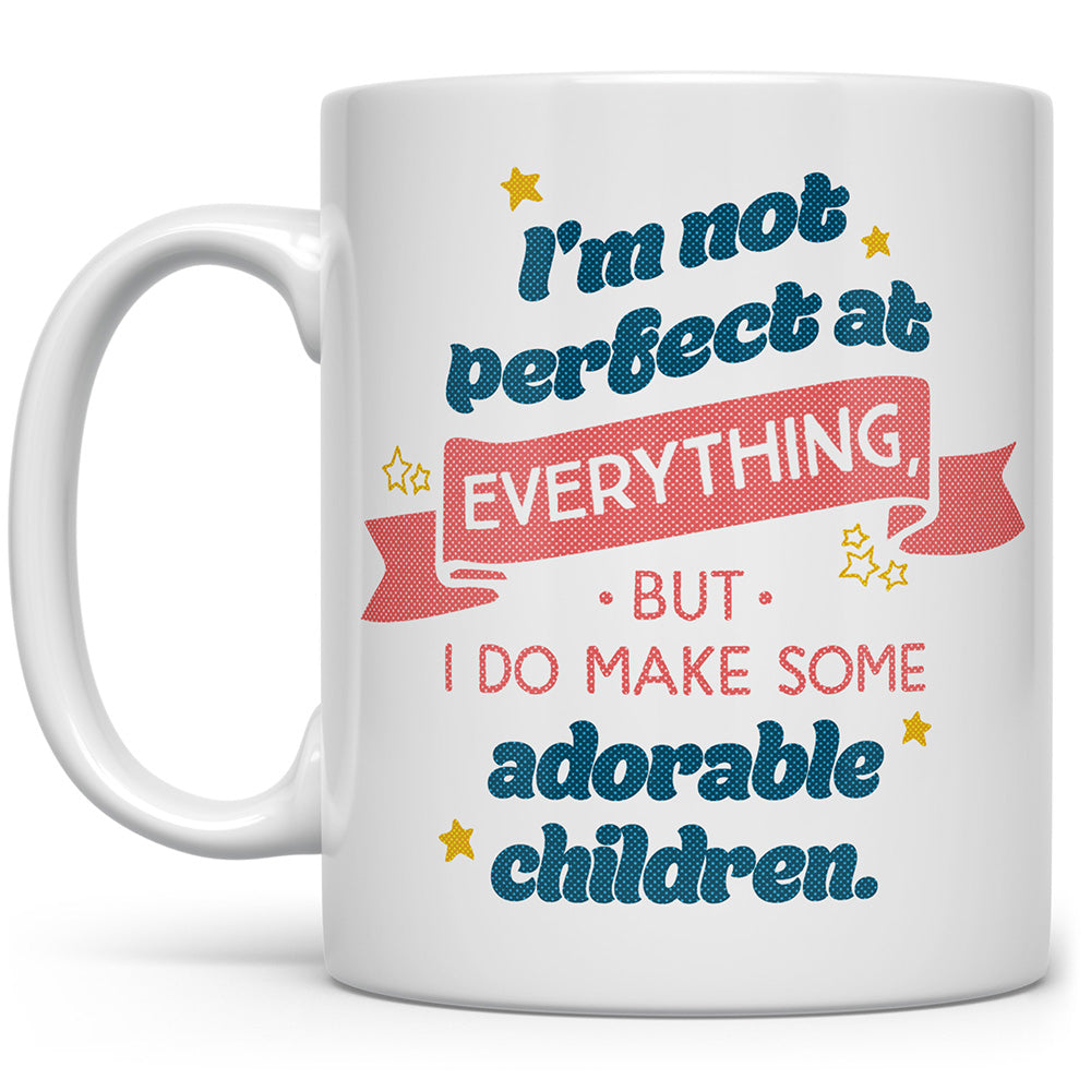 white mug that says I make adorable children mug with stars on it