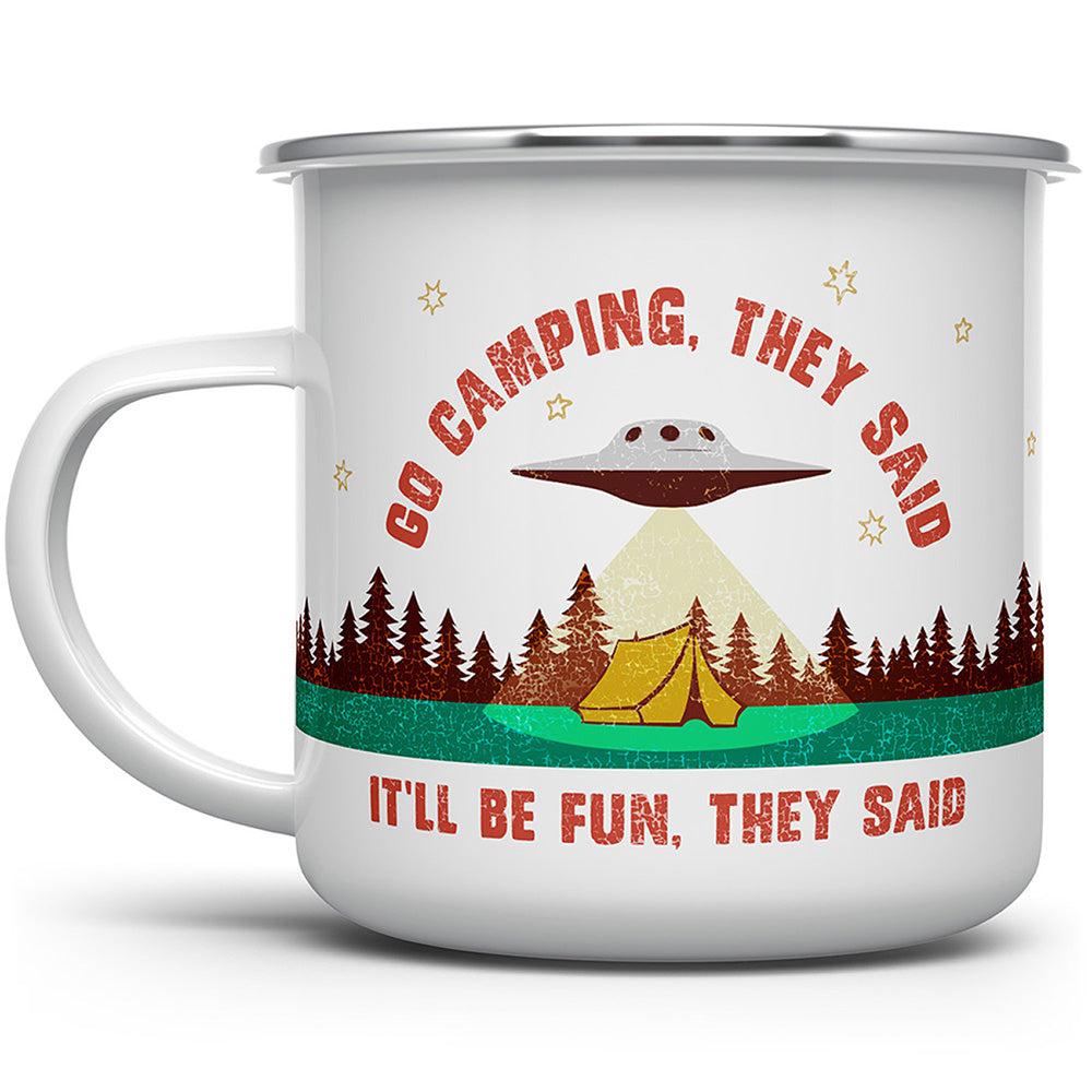 Camp mug that says Go Camping with an UFO over a tent in the woods
