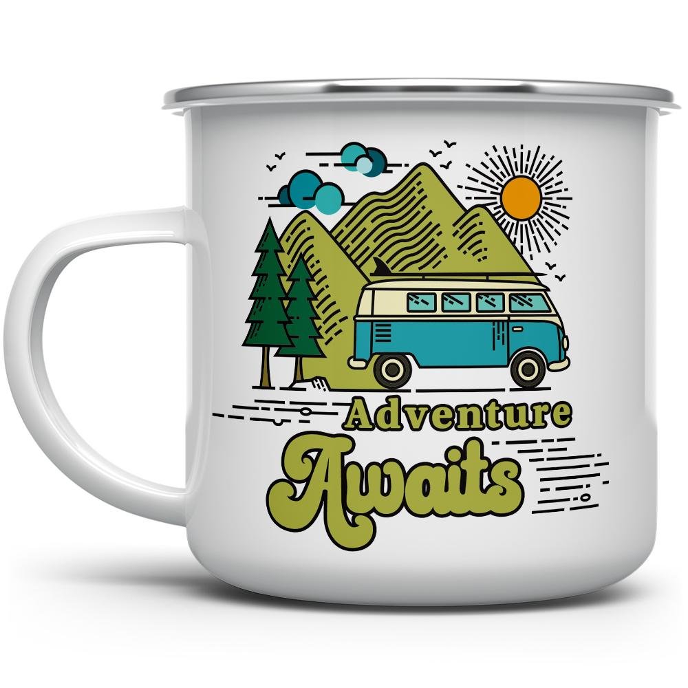 Adventure Awaits retro camp mug with a van and trees in the background