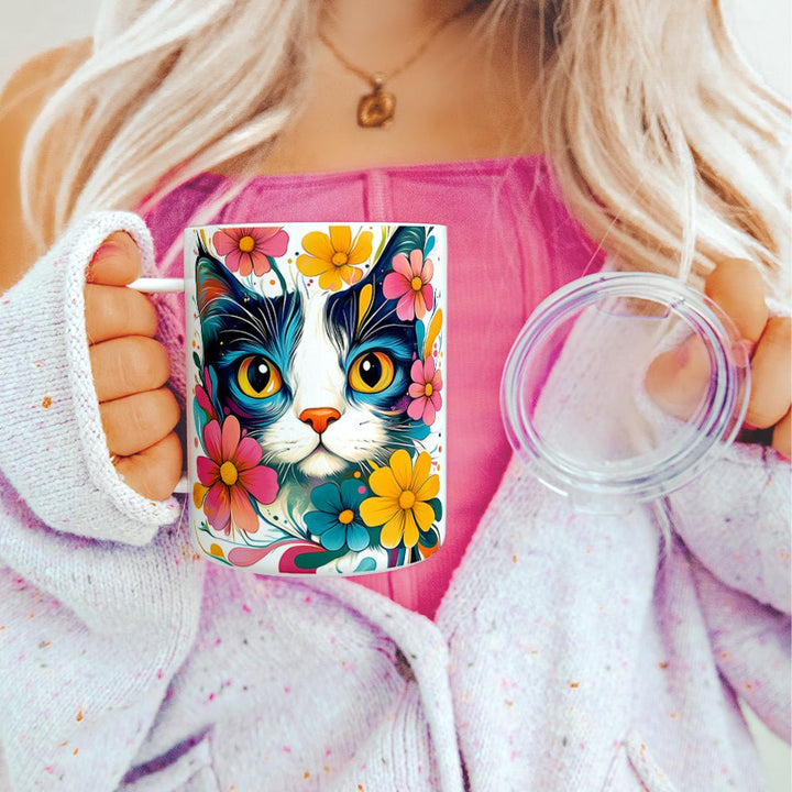 Floral Cat Insulated Travel Mug - Loftipop