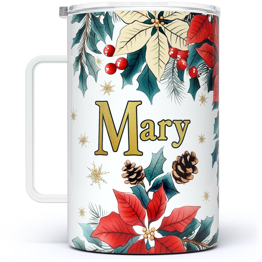 Personalized Name Christmas Floral Insulated Travel Mug - Loftipop