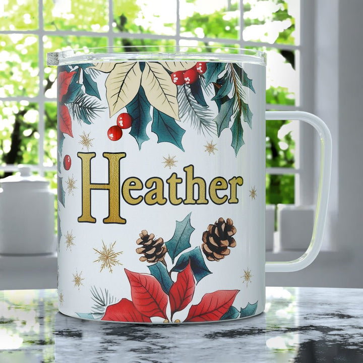 Personalized Name Christmas Floral Insulated Travel Mug - Loftipop