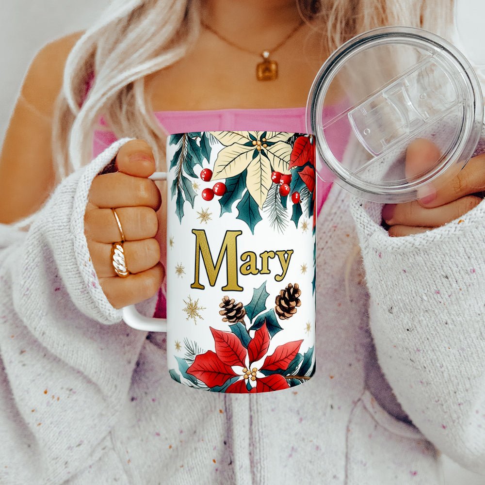 Personalized Name Christmas Floral Insulated Travel Mug - Loftipop