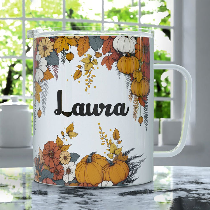 Personalized Name Fall Floral Insulated Travel Mug - Loftipop