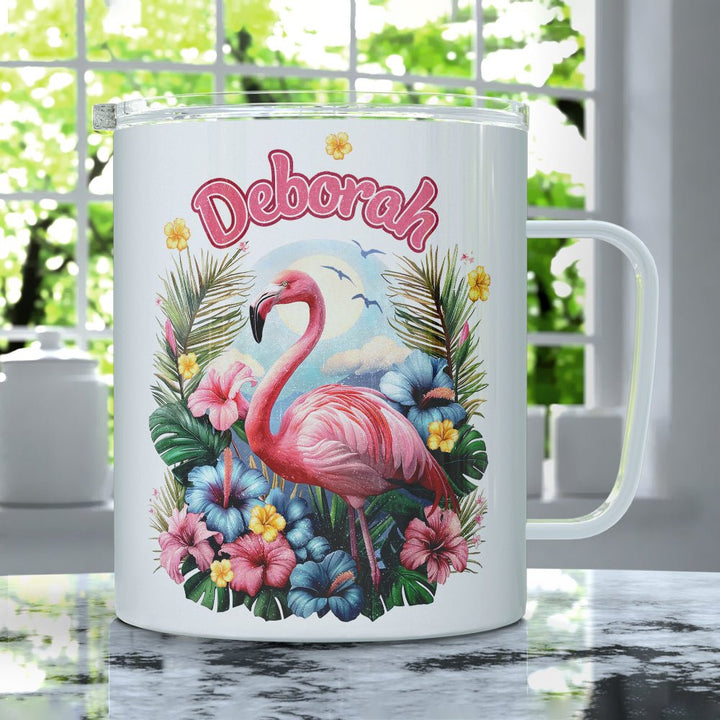 Personalized Name Tropical Flamingo Insulated Travel Mug - Loftipop