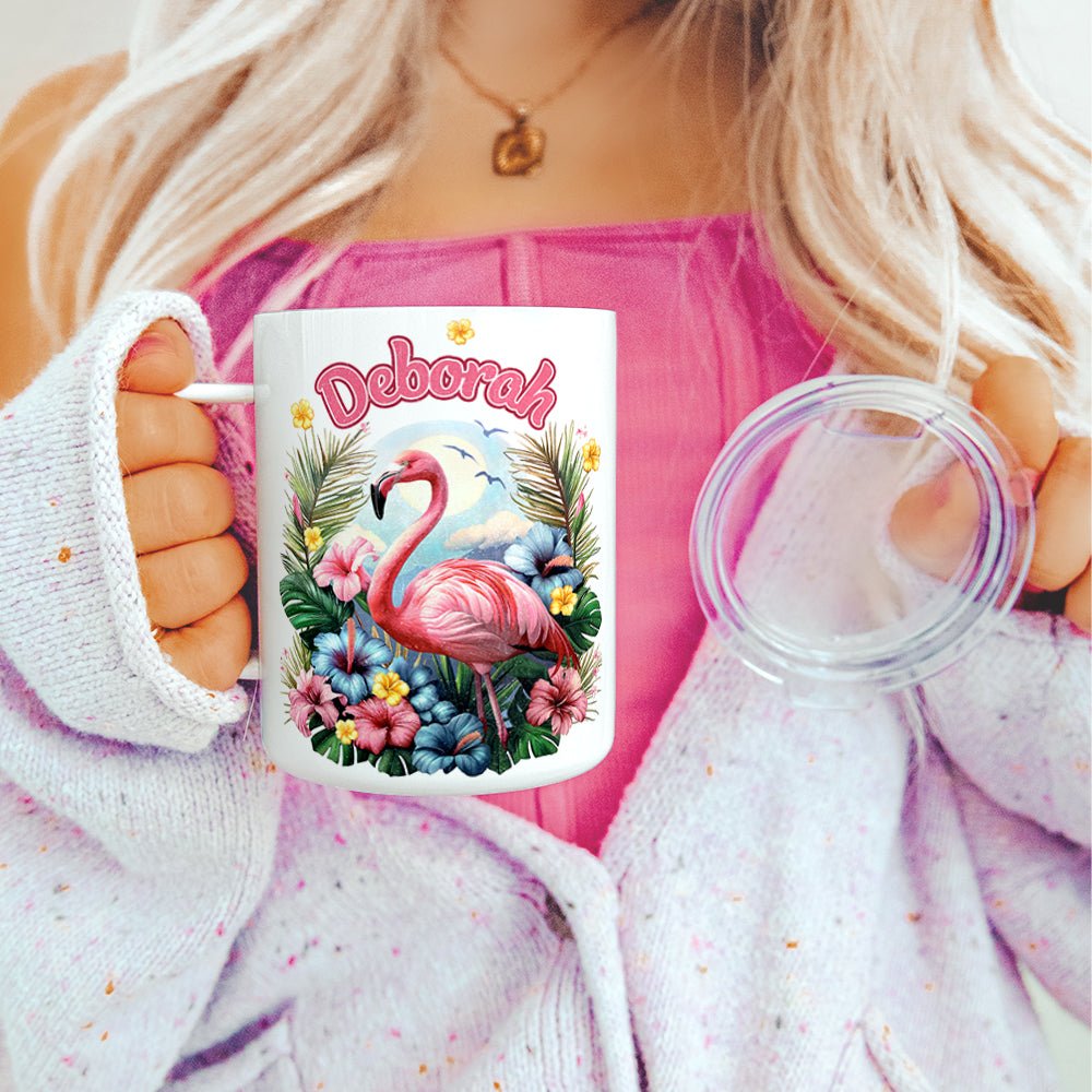 Personalized Name Tropical Flamingo Insulated Travel Mug - Loftipop