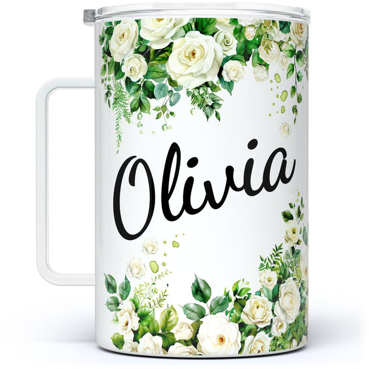 Personalized Name White Rose Insulated Travel Mug - Loftipop