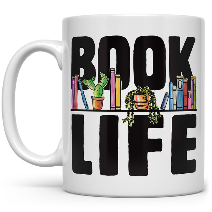 Mug that says Book Life with books and plants on it
