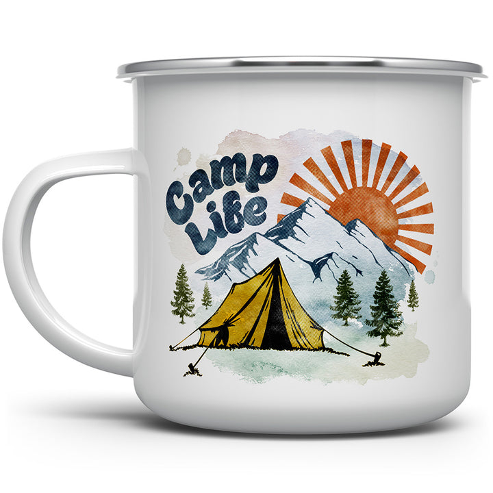 Mug that says Camp Life with a tend, mountains, trees, and the sun