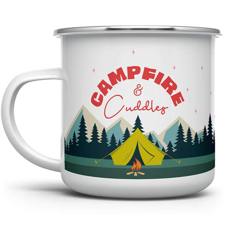 Mug that says Campfire and Cuddles with a tent and trees design
