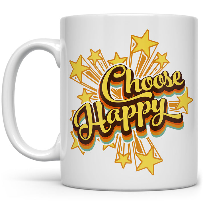 Mug that says Choose Happy with shooting stars around it