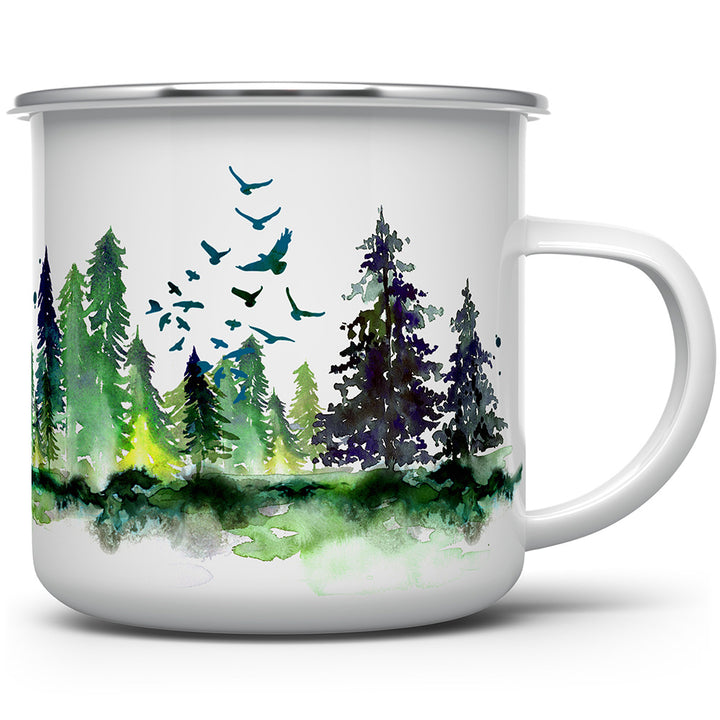 Camp mug with trees and birds