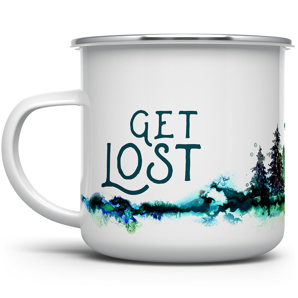 Camp mug that says Get Lost with a picture of woods