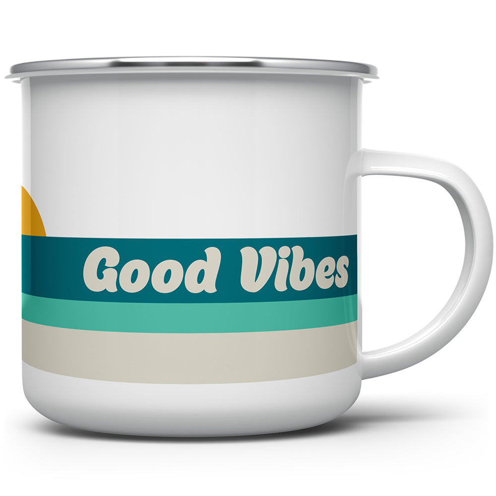 white camper mug with silver rim that says Good Vibes on a white background