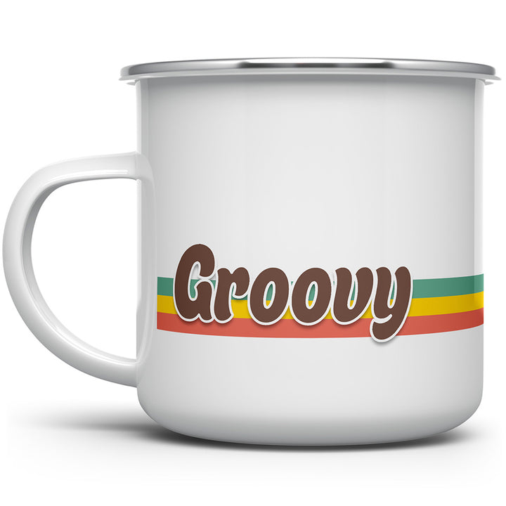 White camp mug that says Groovy with three colored stripes