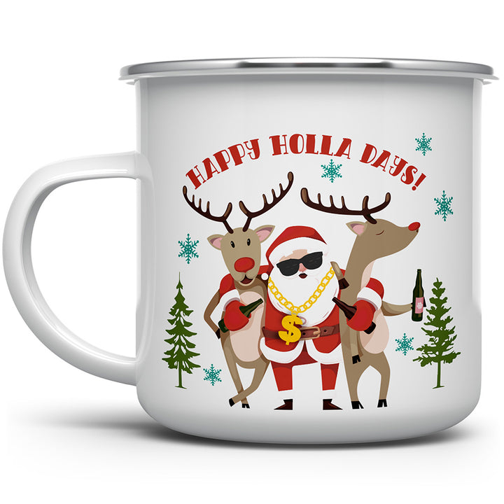 Camp mug that says Happy Holla Days with Santa and reindeer drinking beer