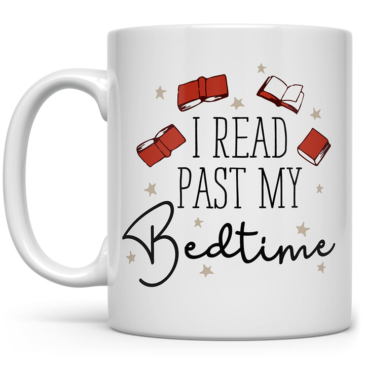 Mug that says I read past my bedtime with books floating around it