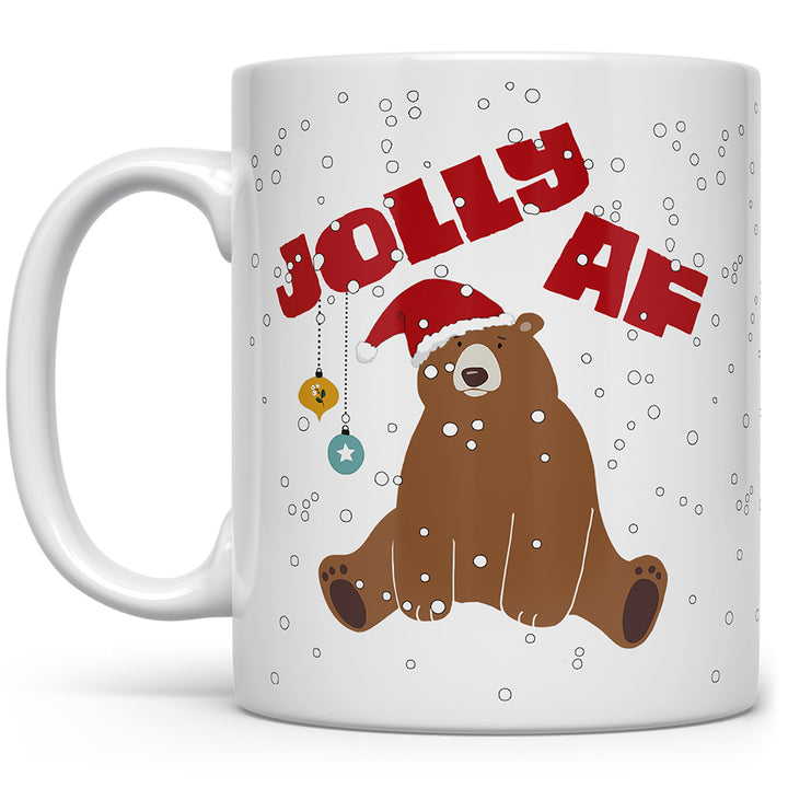 Mug that says Jolly AF with a sad bear in a santa hat