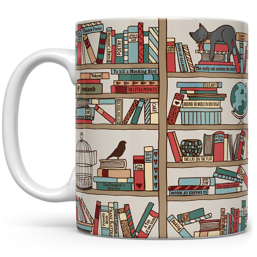 A mug with a bookshelf with popular books, a cat, globe, and bird