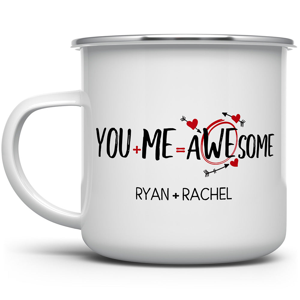 White camp mug that says You plus me equals awesome with personalized names and hearts