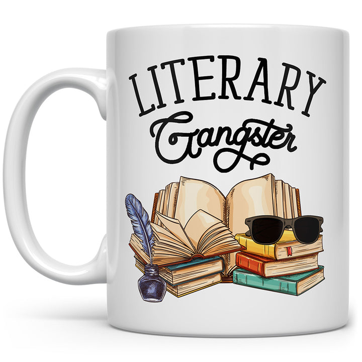White mug that says Literary Gangster with books and sunglasses
