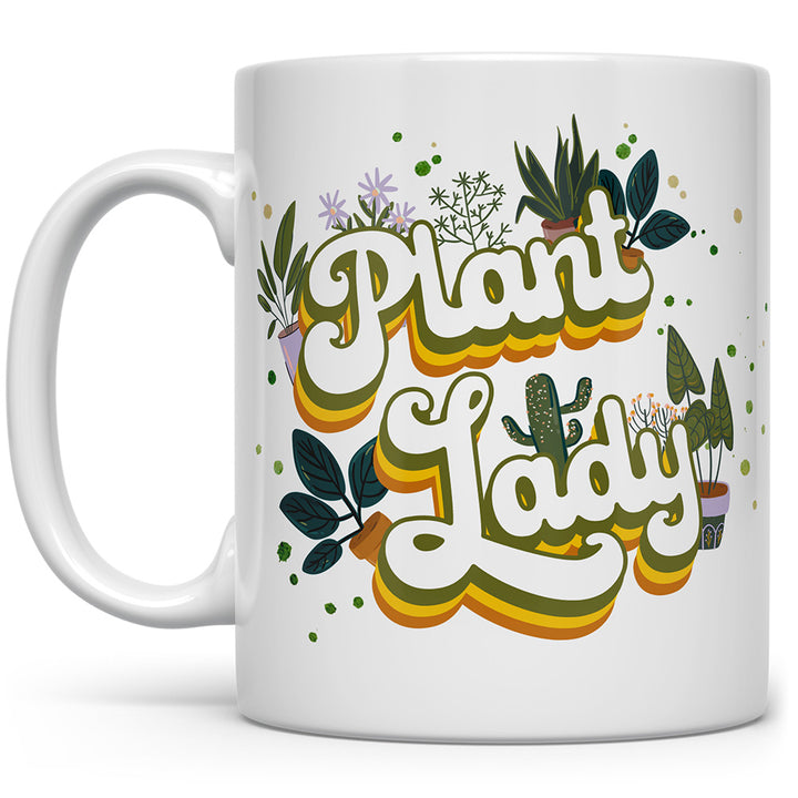 White mug that says Plant Lady with cactus and other plants