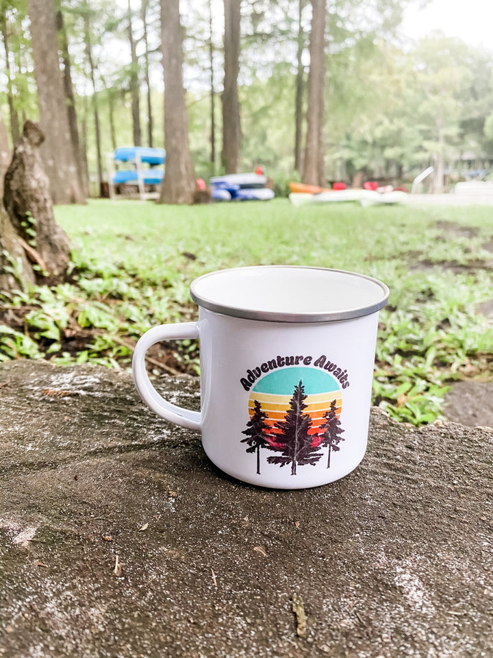 Adventure awaits camp mug in middle of woods﻿﻿
