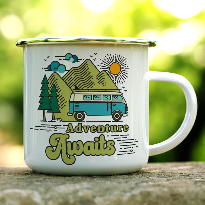 Adventure Awaits Retro Camp Mug on a log