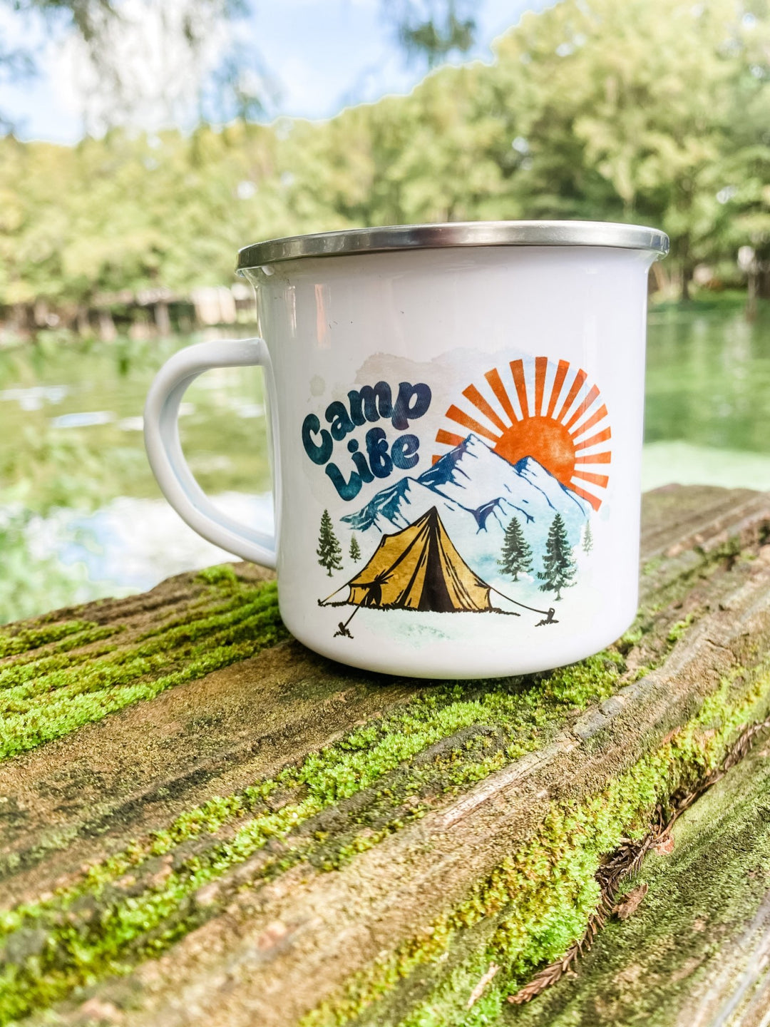 Camp Life Camp Mug on a log