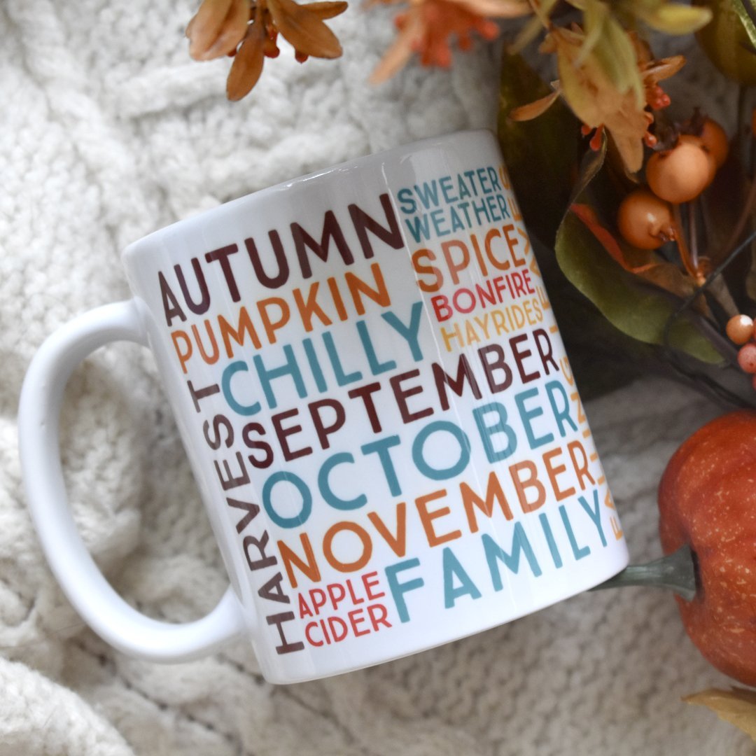 Fall Autumn Mug on a blanket surrounded by a pumpkin - Loftipop