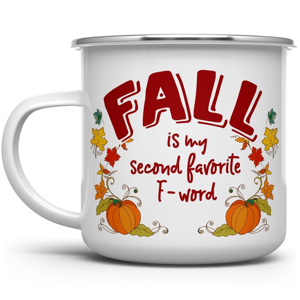white mug with silver rim that says Fall is My Second Favorite F-Word Camp with pumpkins and leaves on white background