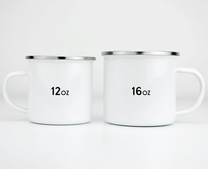 white camp mug with silver rim showing 12oz and 16oz sizes
