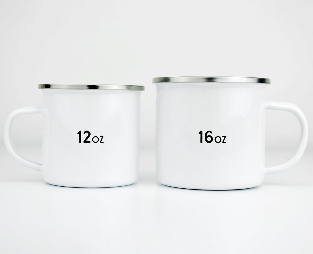 white camp mug with silver rim showing 12oz and 16oz sizes on white background