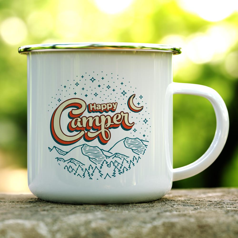 white camper mug that says Happy Camper Camper with mountains and stars on a log