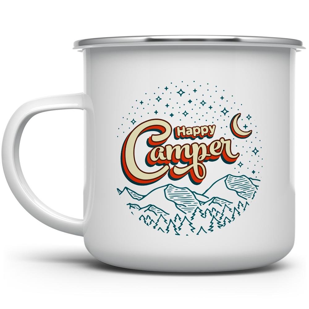 white camper mug that says Happy Camper Camper with mountains and stars