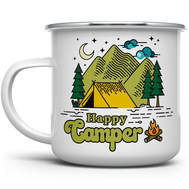 white camp mug with Happy Camper written on it with a tent, trees, and mountains