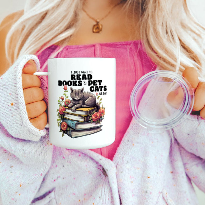 I Just Want to Read Books and Pet Cats Insulated Travel Mug - Loftipop