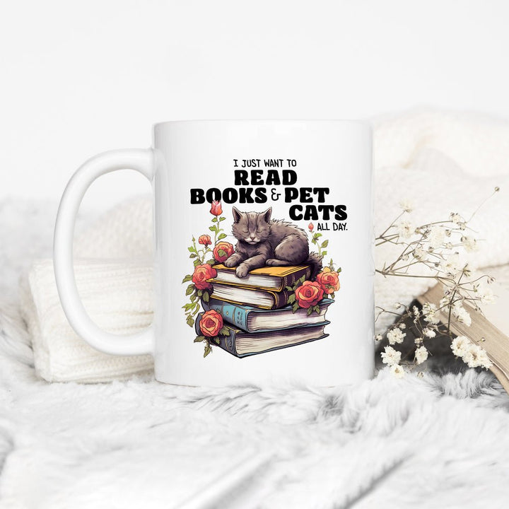 I Just Want To Read Books & Pet Cats All Day Mug - Loftipop
