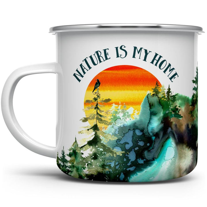 Nature is My Home Camp Mug with a picture of trees and the sun - Loftipop