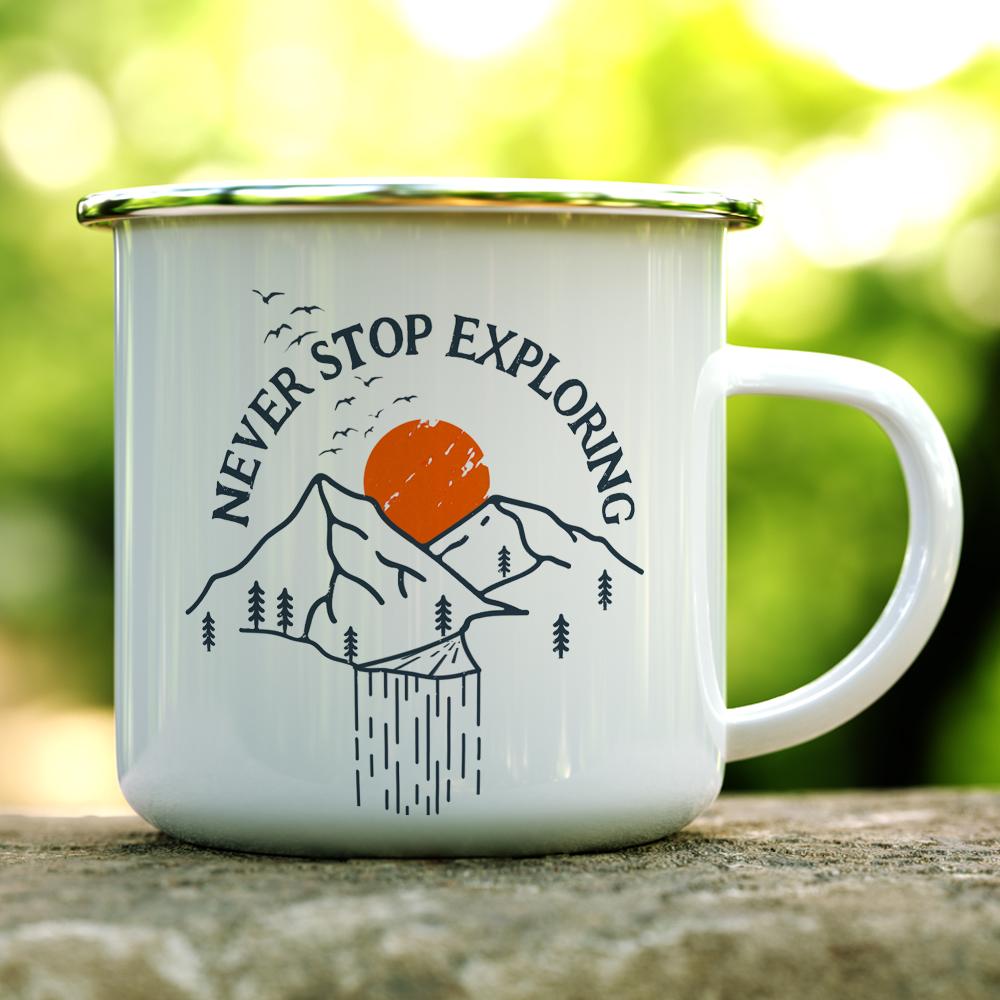 Never Stop Exploring Camp Mug on a log - Loftipop