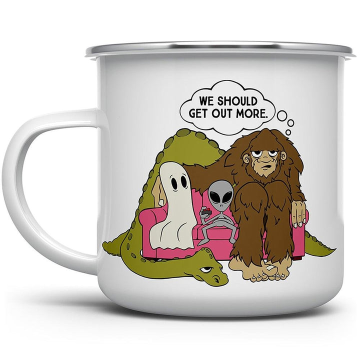 Paranormal Squad Camp Mug with big foot, an alien, and a ghost sitting together - Loftipop