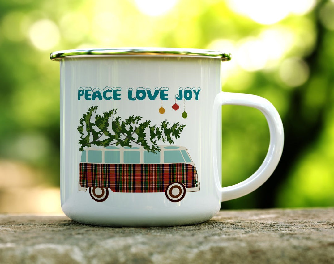 Peace Love Joy Camp Mug on a log - Loftipop