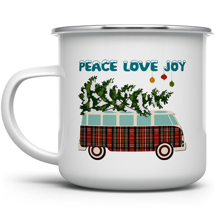 Peace Love Joy Camp Mug with a van with a Christmas tree on top - Loftipop