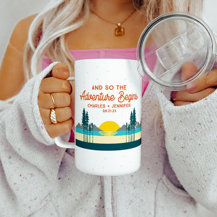Personalized Couples Insulated Travel Mug - And So The Adventure Begins - Loftipop
