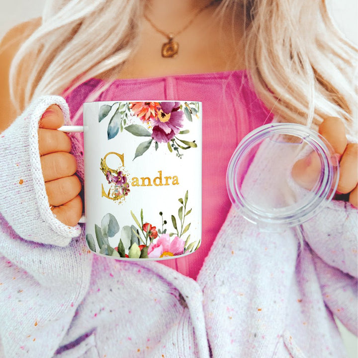 Personalized Name Floral Insulated Travel Mug - Loftipop