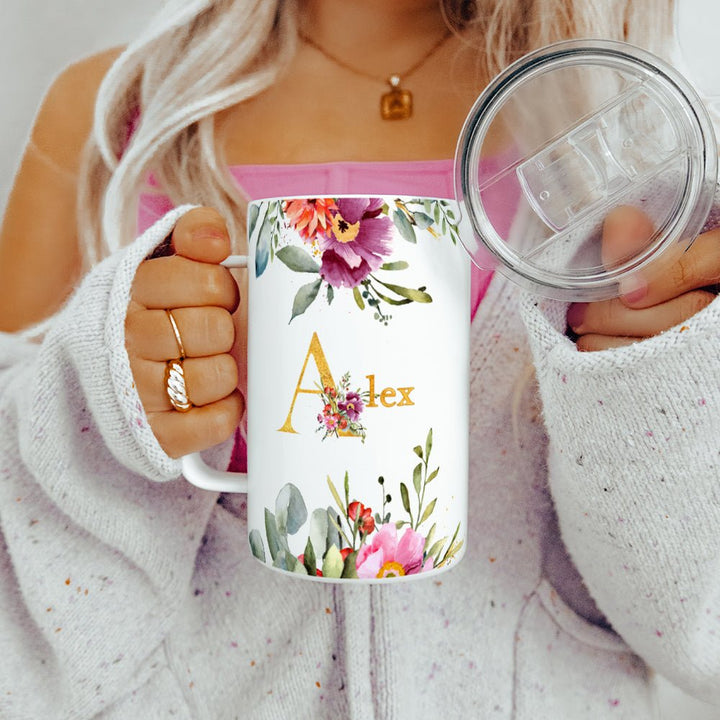 Personalized Name Floral Insulated Travel Mug - Loftipop