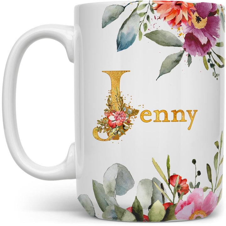 Personalized Name Floral Mug with gold text and colorful flowers - Loftipop