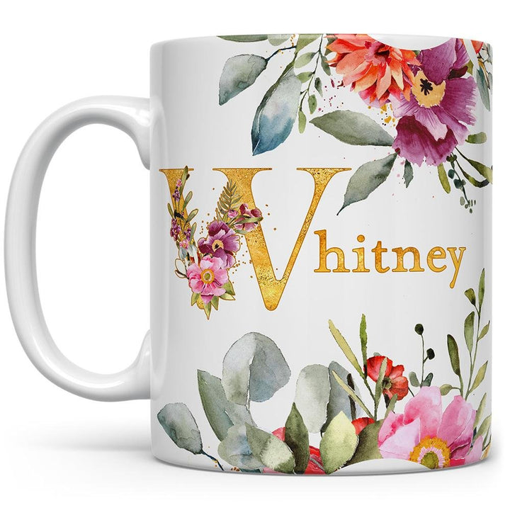 Personalized Name Floral Mug with gold text and colorful flowers - Loftipop